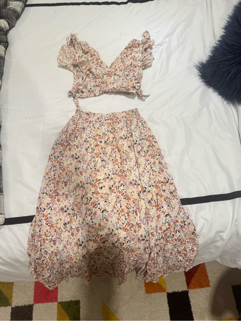 Free People Cream Floral Midi Skirt with Peach and Coral Accents